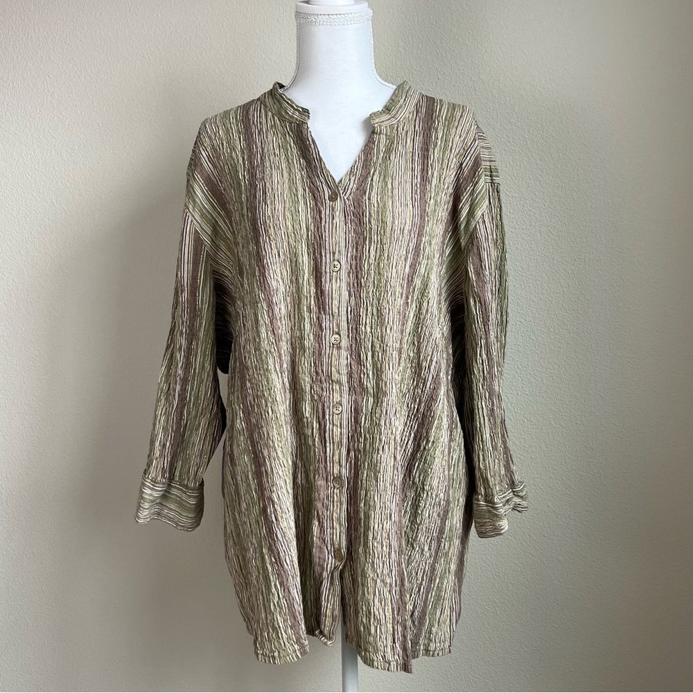 Essentials by Maggie Crinkle Resortwear Tunic Earthy Striped Boho 30/32W Cotton